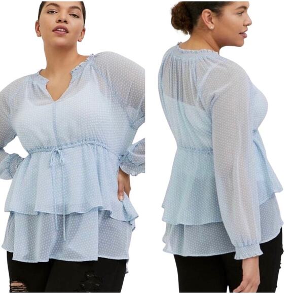 Torrid Light Blue White Polka Dot Semi Sheer Long Sleeve Top 10 - Picture 7 of 10